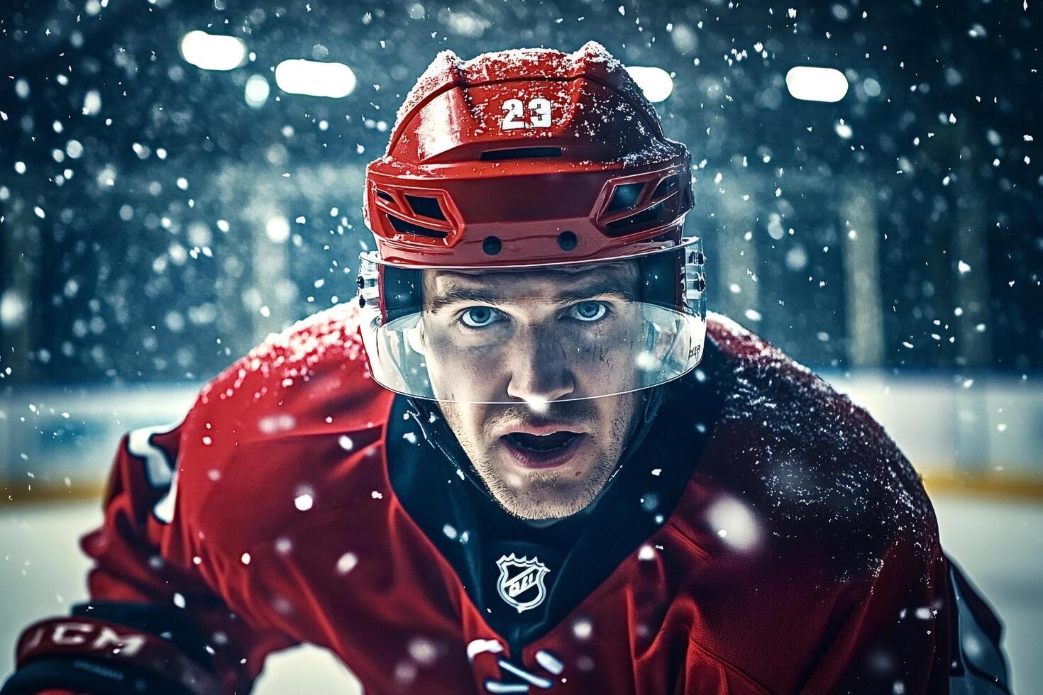 Ice hockey player wearing red uniform during snowfall photo