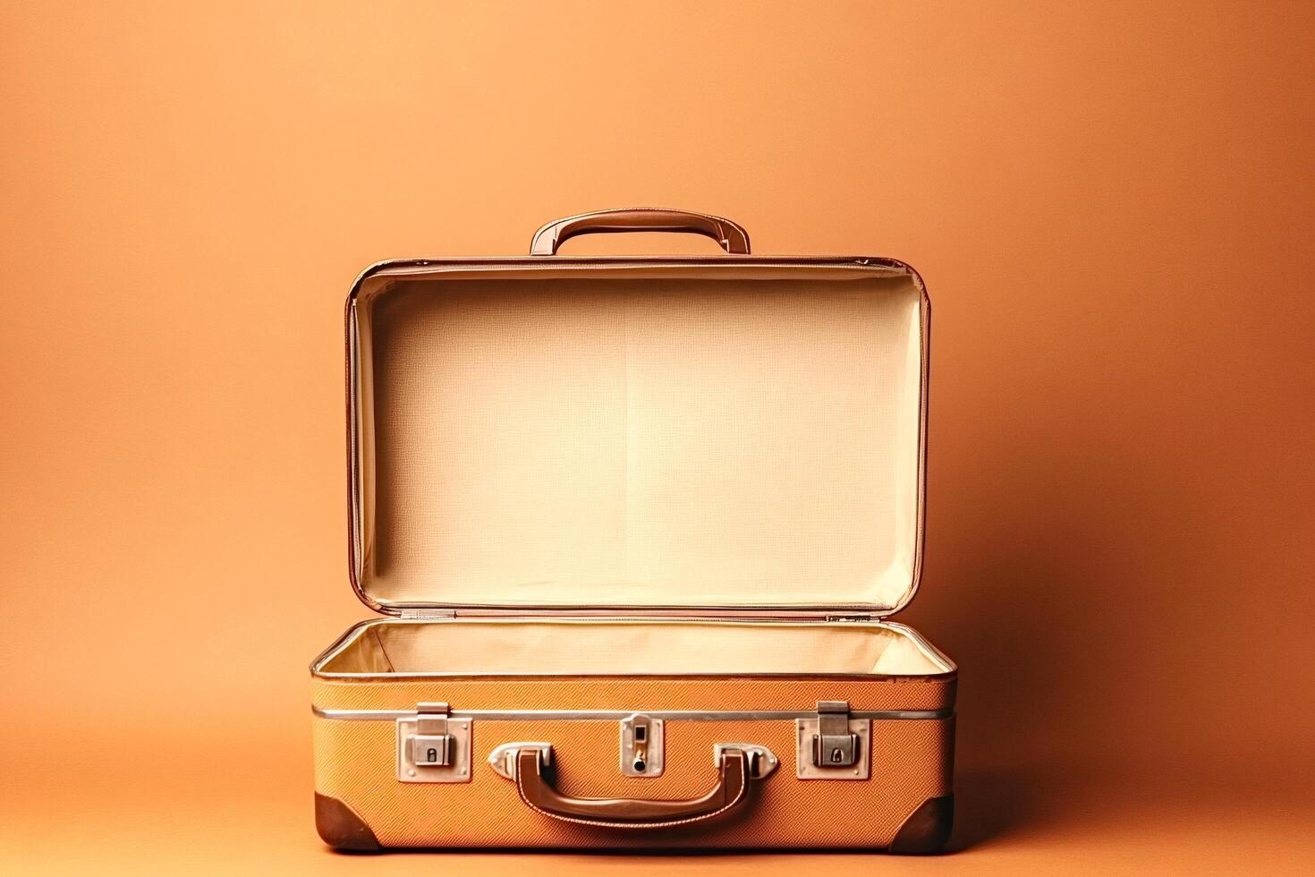 Open vintage suitcase on orange background symbolizing travel and exploration photo