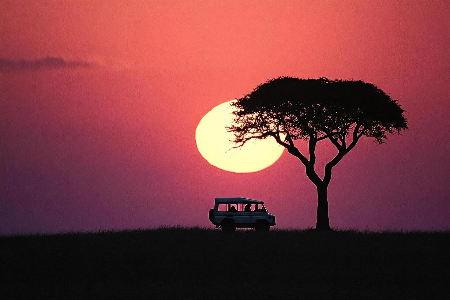 Tourists watching african sunset from safari jeep near acacia tree photo
