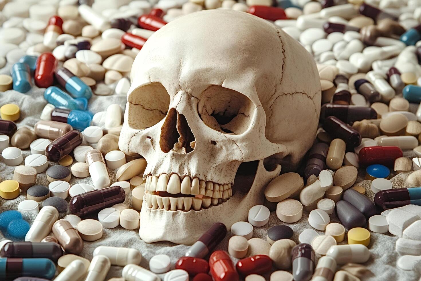 Human skull lying on a pile of colorful pills and capsules representing drug addiction and overdose photo