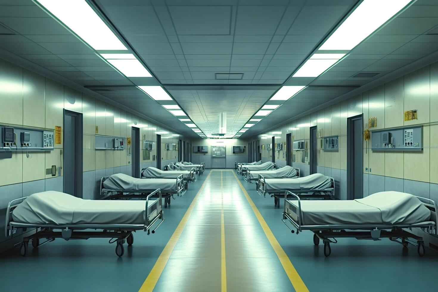 Empty hospital beds line a long corridor in medical facility photo