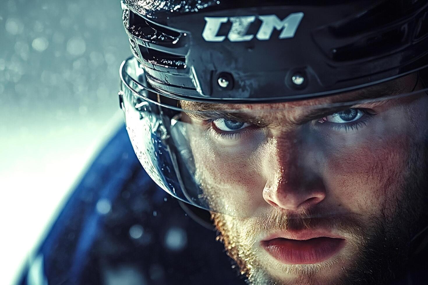 Ice hockey player wearing helmet and showing fighting spirit photo