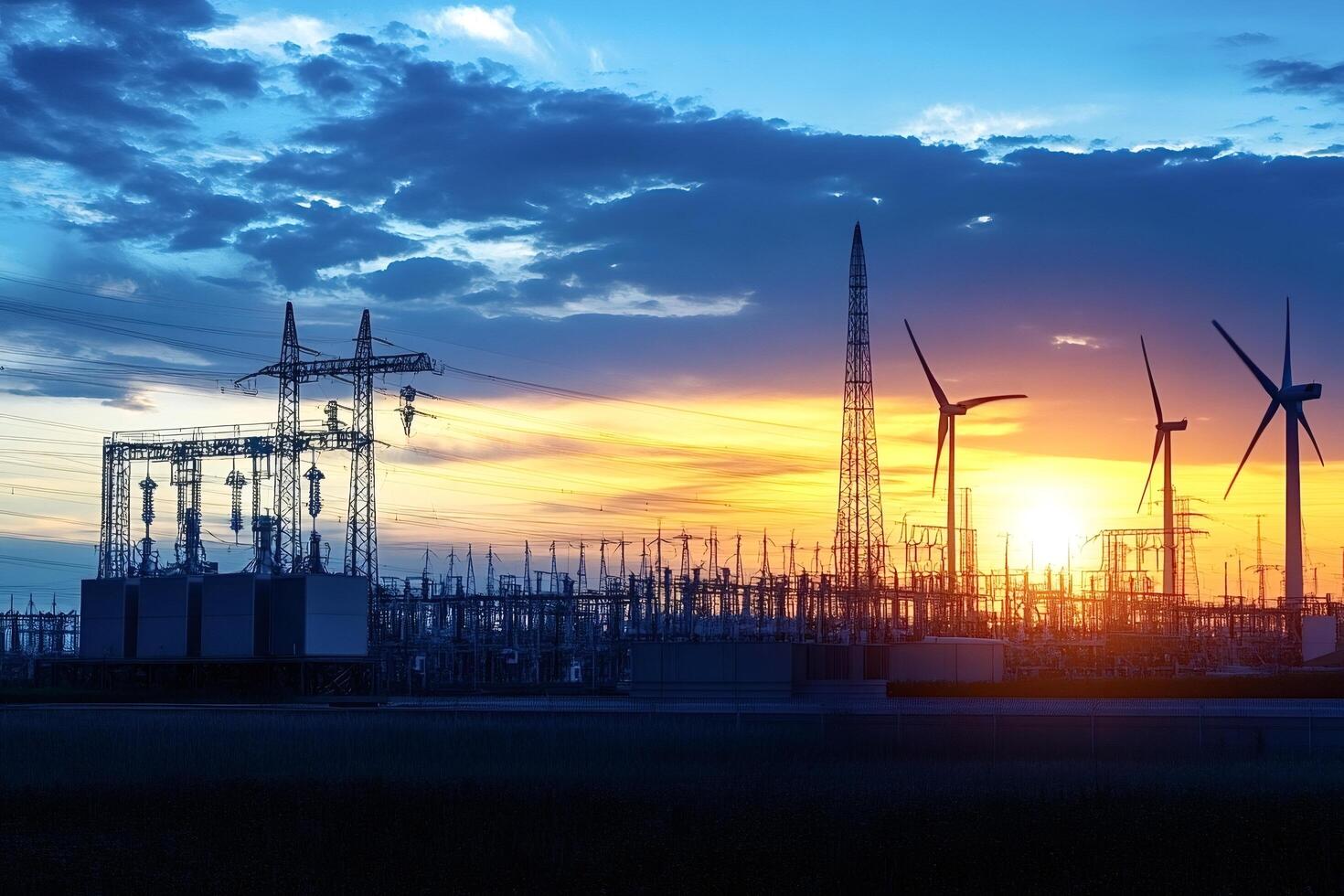 Wind turbines generating electricity at sunset near power lines and substation photo