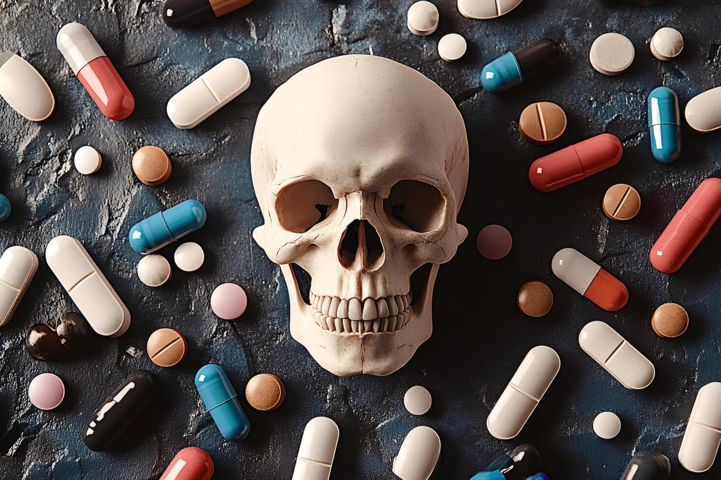 Skull surrounded by colorful pills and capsules symbolizing drug overdose risk photo