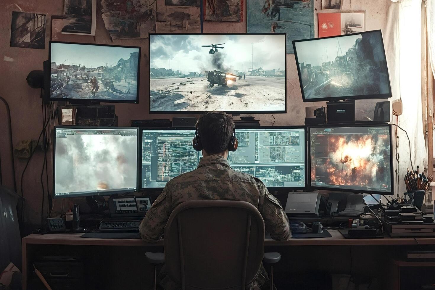Military operator controlling drone strike using multiple computer screens photo