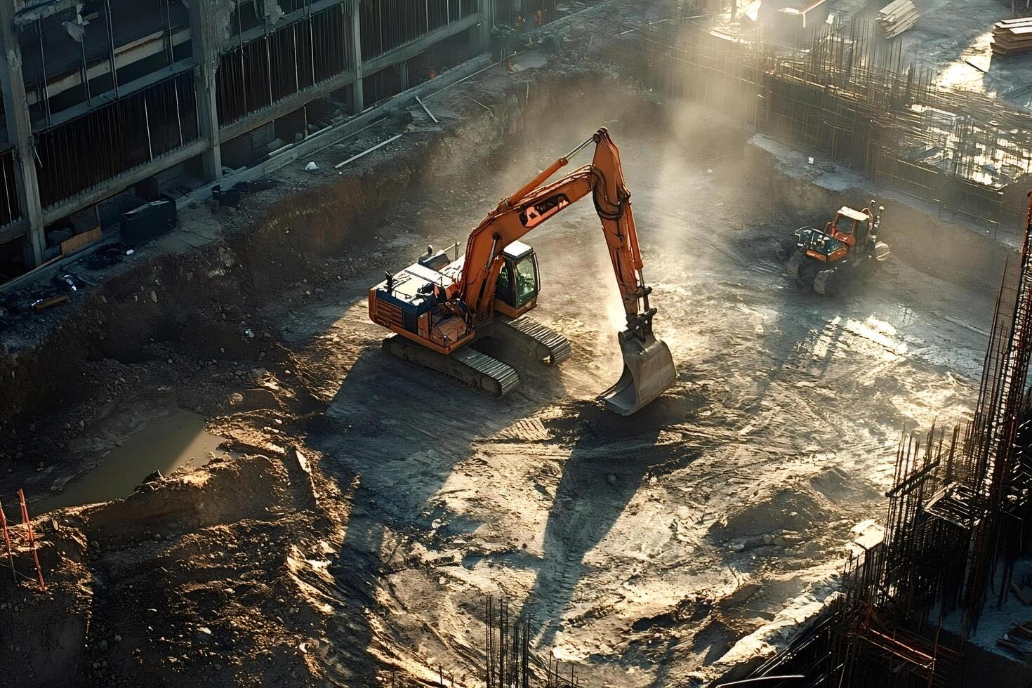 Excavator digging a hole in a construct site near a building under construction photo