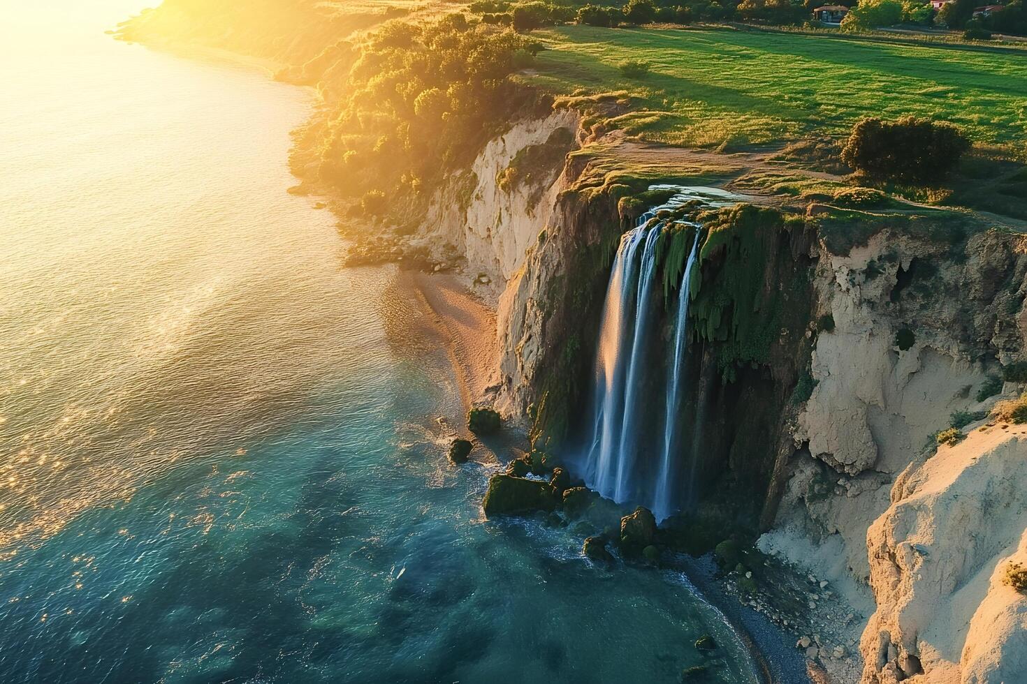 Waterfall cascading from cliff into turquoise sea at sunset photo