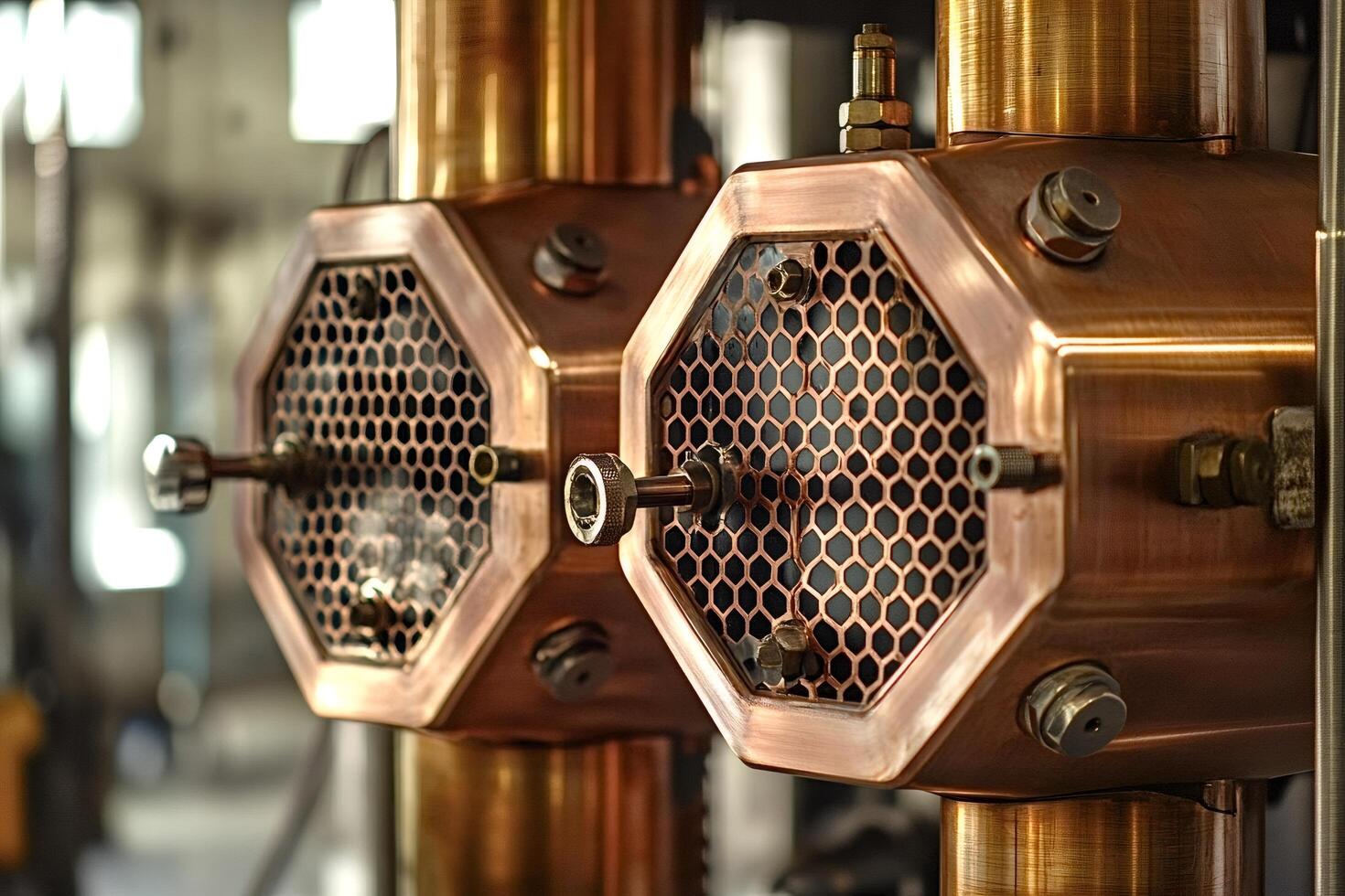 Copper distillation apparatus showing honeycomb pattern and valves photo