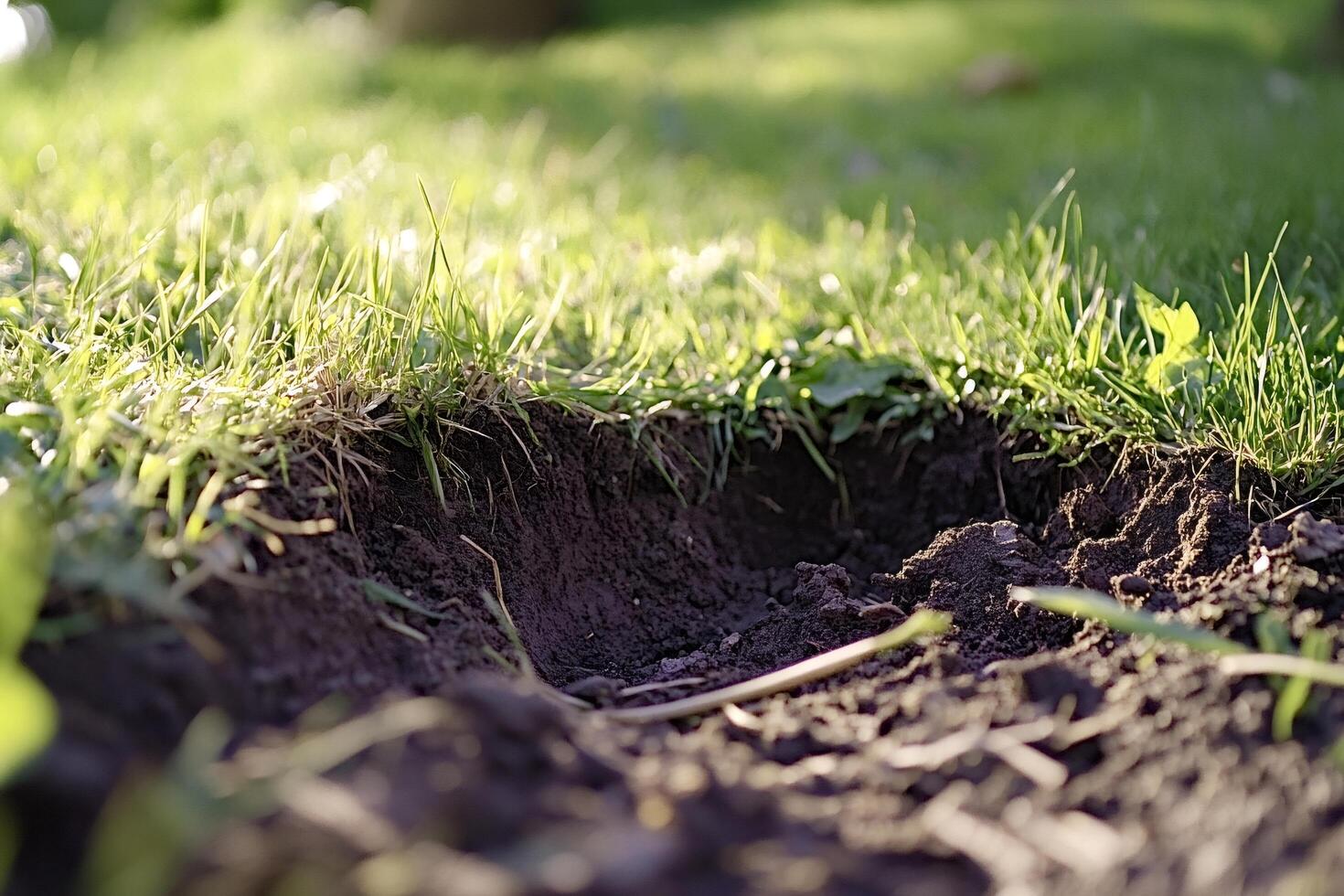 Close-up of fertile soil revealing grass roots in garden setting photo