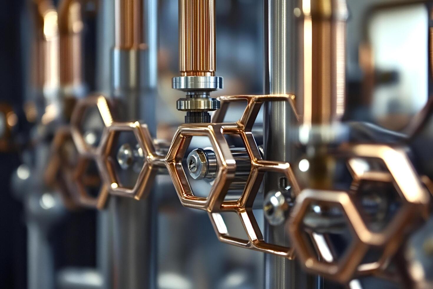 Copper pipes and hexagonal structures forming complex industrial machinery photo