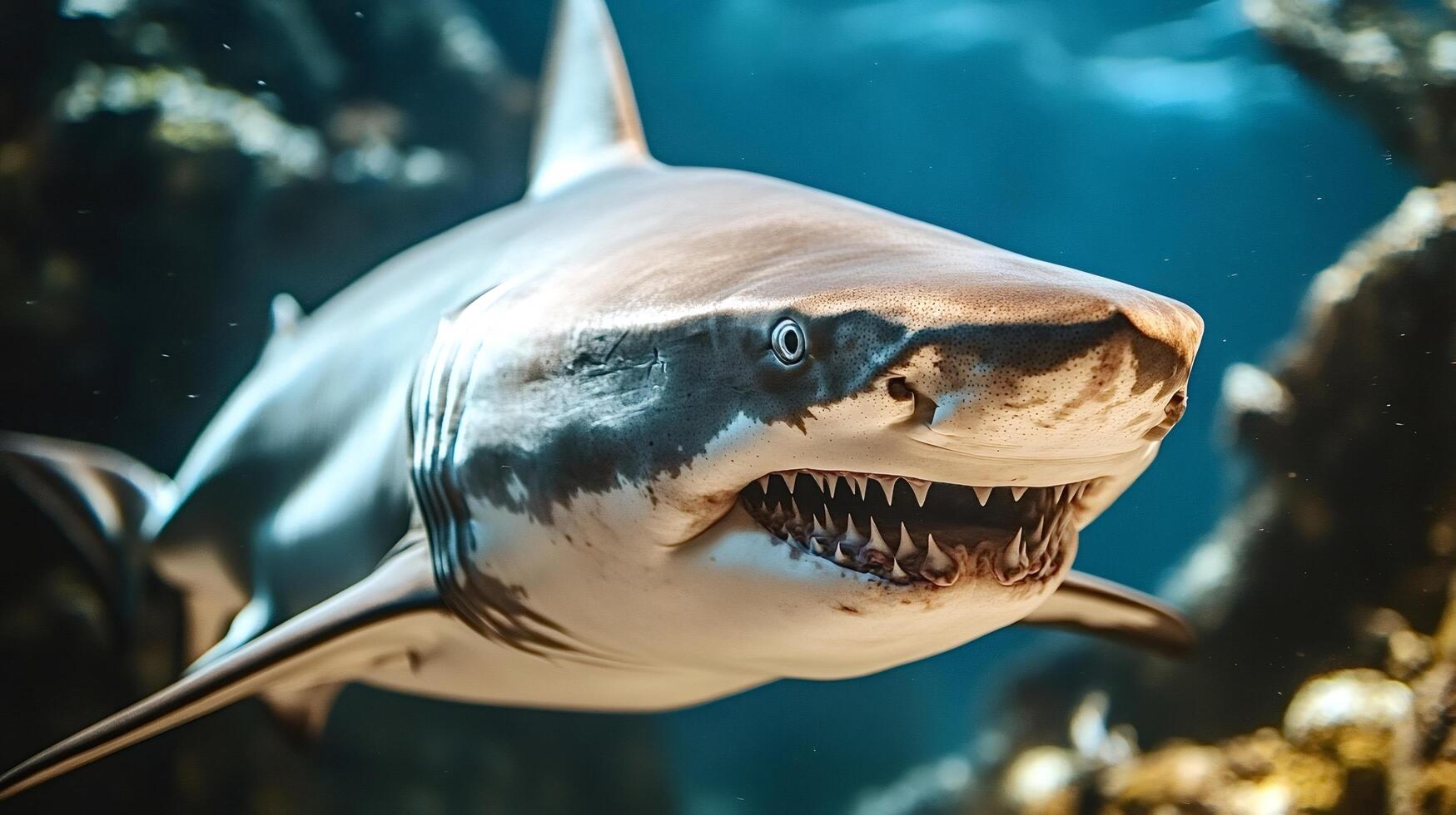 Shark swimming underwater showing its teeth photo