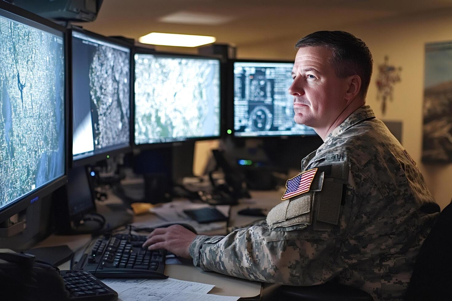 Military operator working on multiple screens showing maps and data visual photo