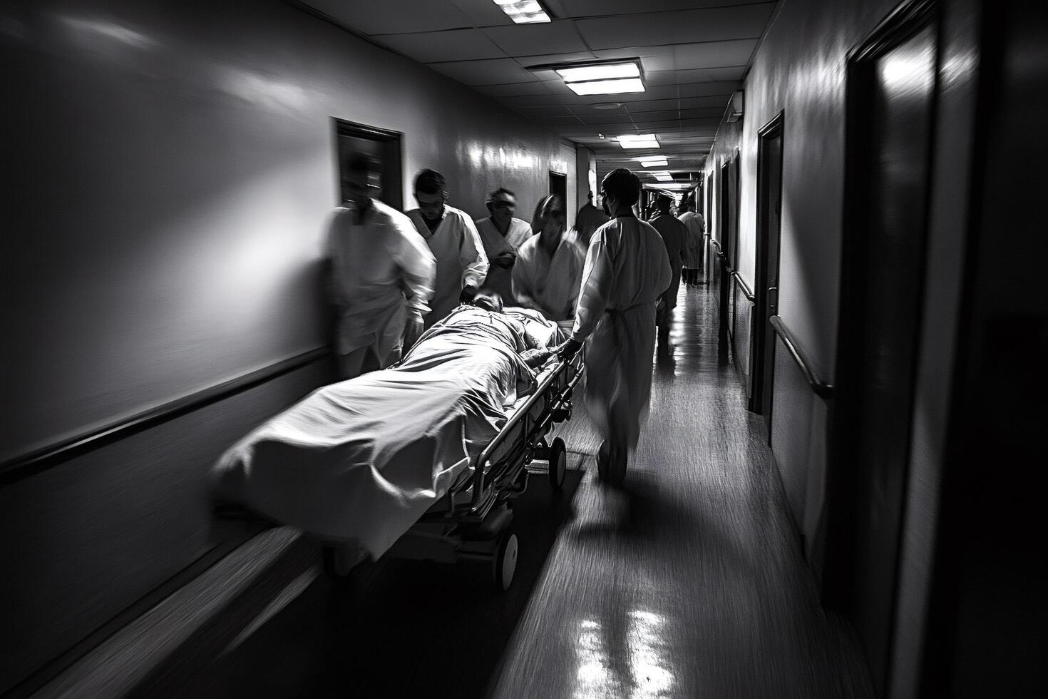 Medical team quickly transporting patient on gurney through hospital corridor photo