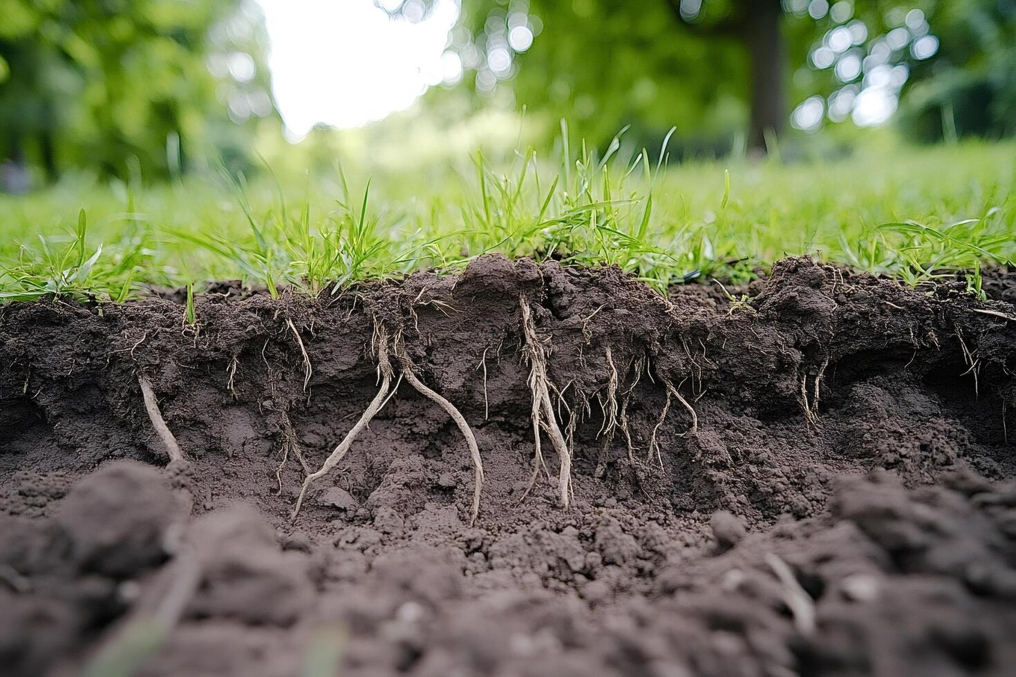Grass roots growing in dark soil, detailed view of root system photo