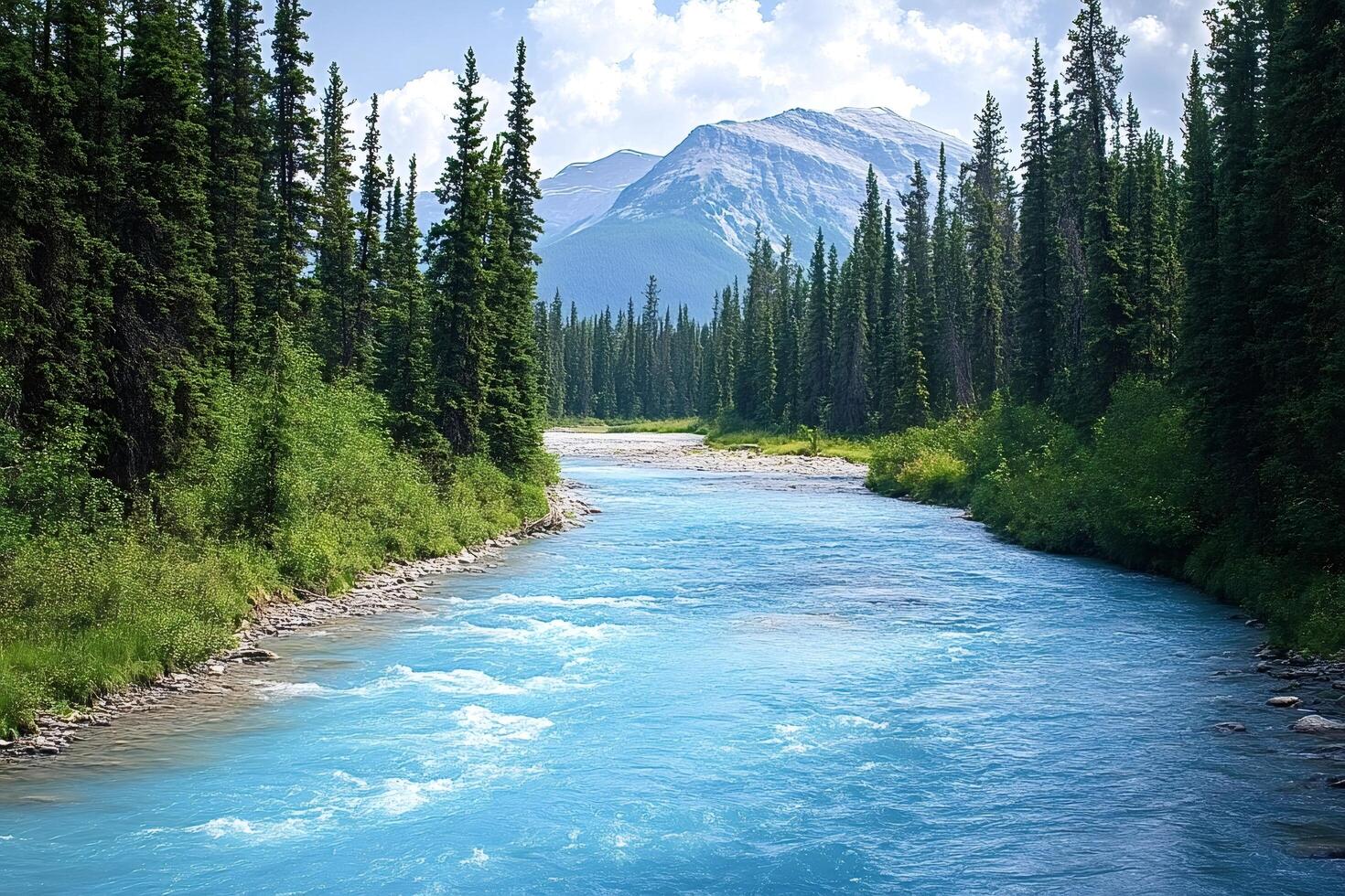Turquoise river flowing through canadian forest landscape photo