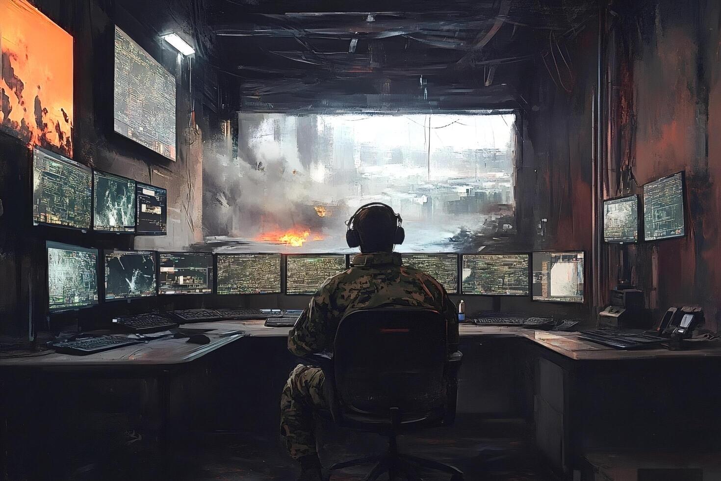 Military operator monitoring multiple screens during wartime operation photo
