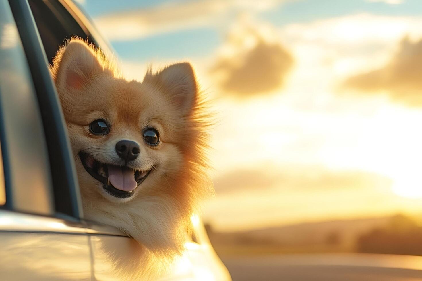 Happy pomeranian dog enjoying a car ride at sunset photo