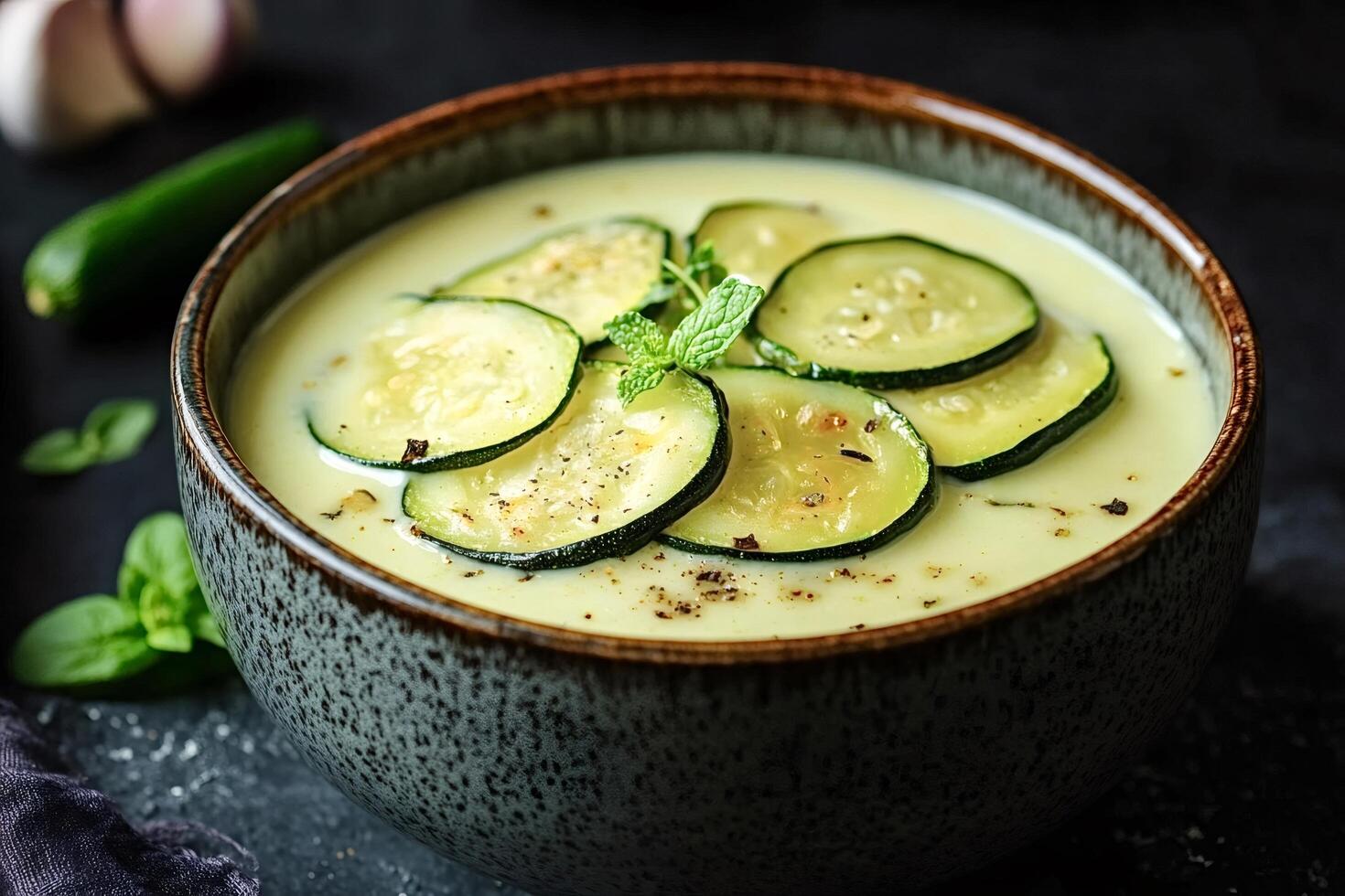 Creamy zucchini soup garnished with fresh mint and pepper photo