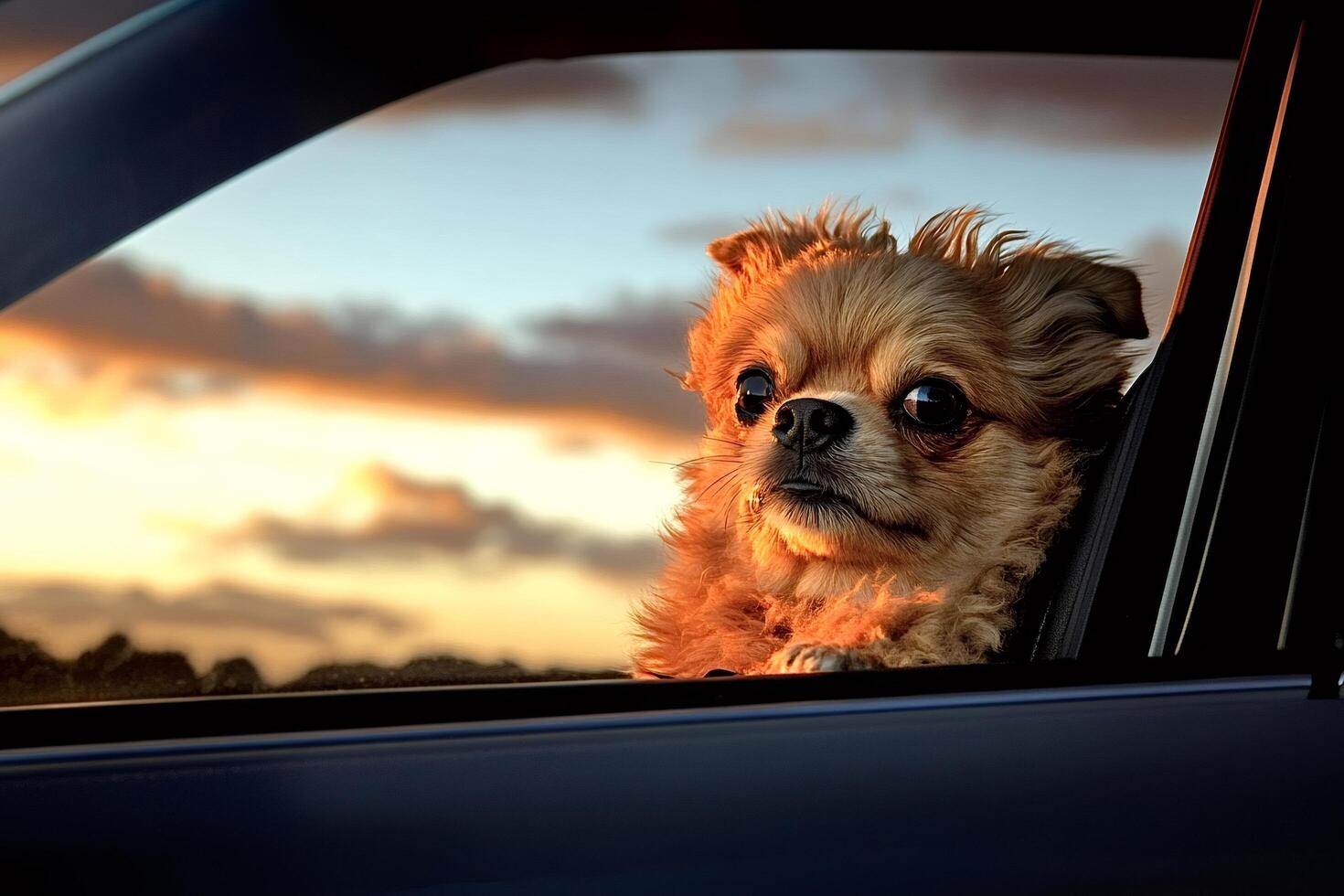 Small dog enjoying sunset view from car window photo