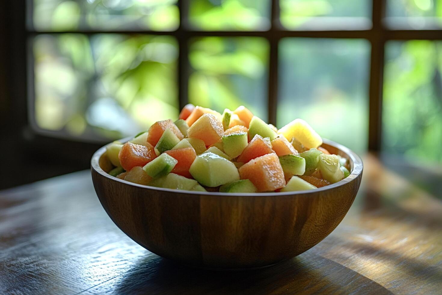 Wooden bowl brimming with refreshing melon and cucumber salad photo
