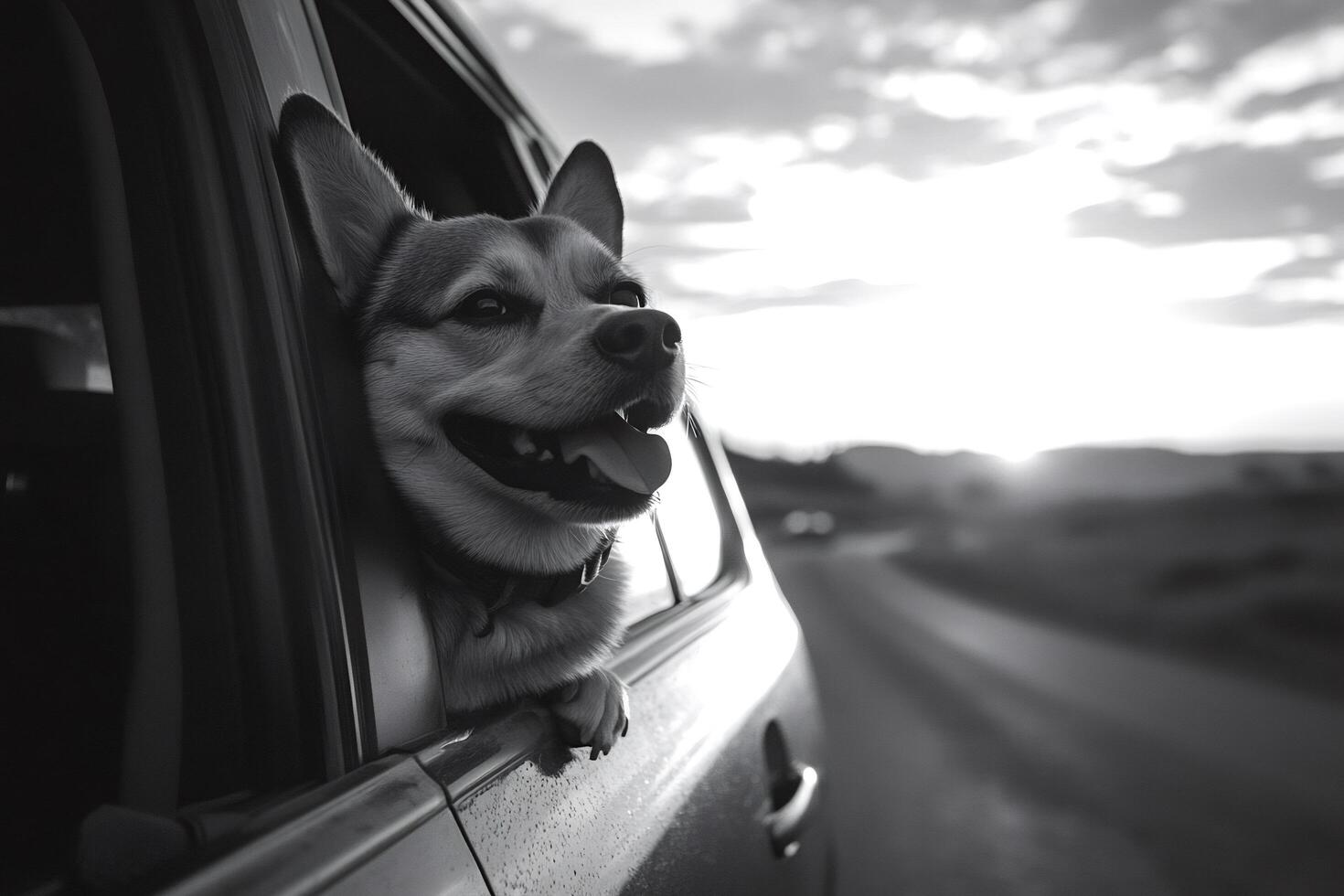 Happy dog enjoying road trip, sticking head out car window photo