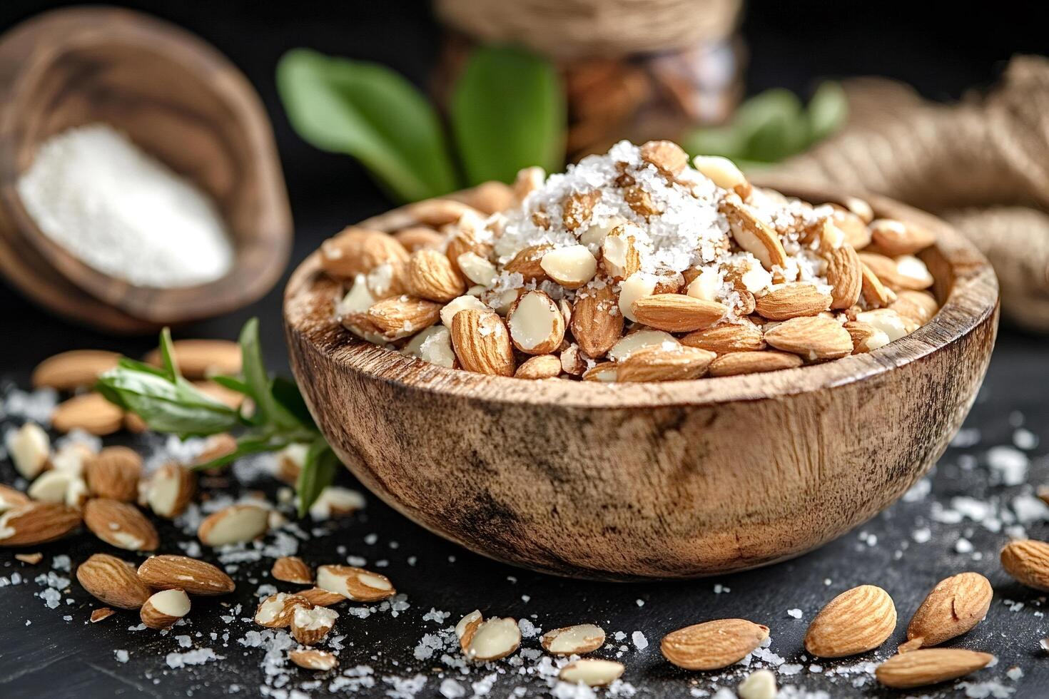 Roasted salted almonds spilling from wooden bowl on dark background photo