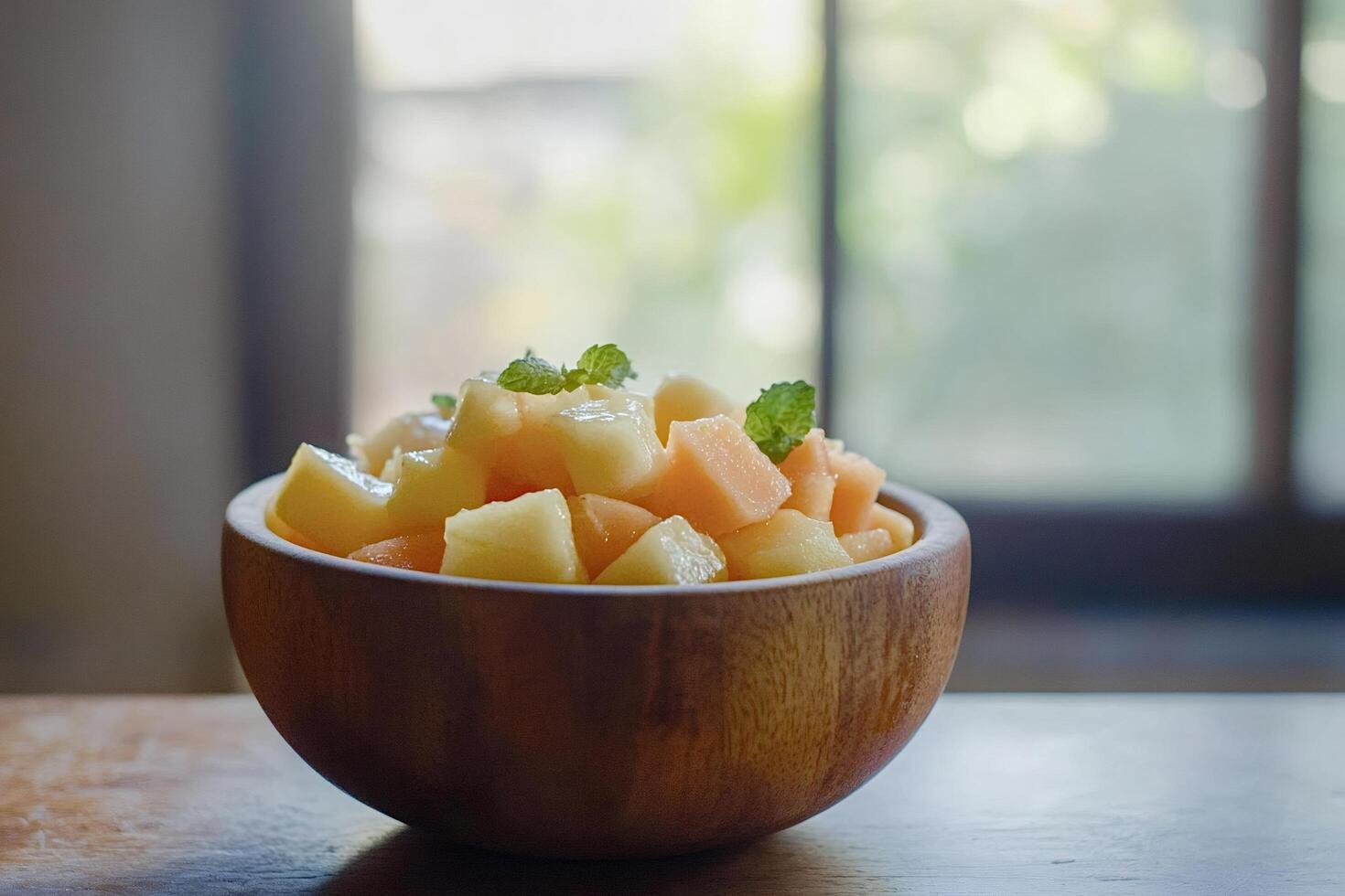 Wooden bowl overflowing with refreshing cantaloupe and honeydew salad photo