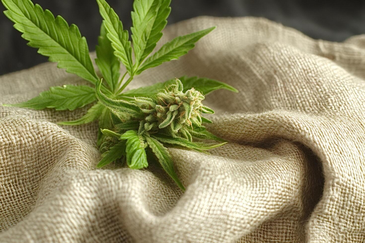 Cannabis plant resting on hemp cloth promoting sustainable production photo