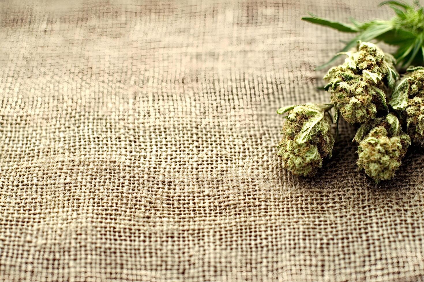 Cannabis buds resting on burlap sack in warm light photo