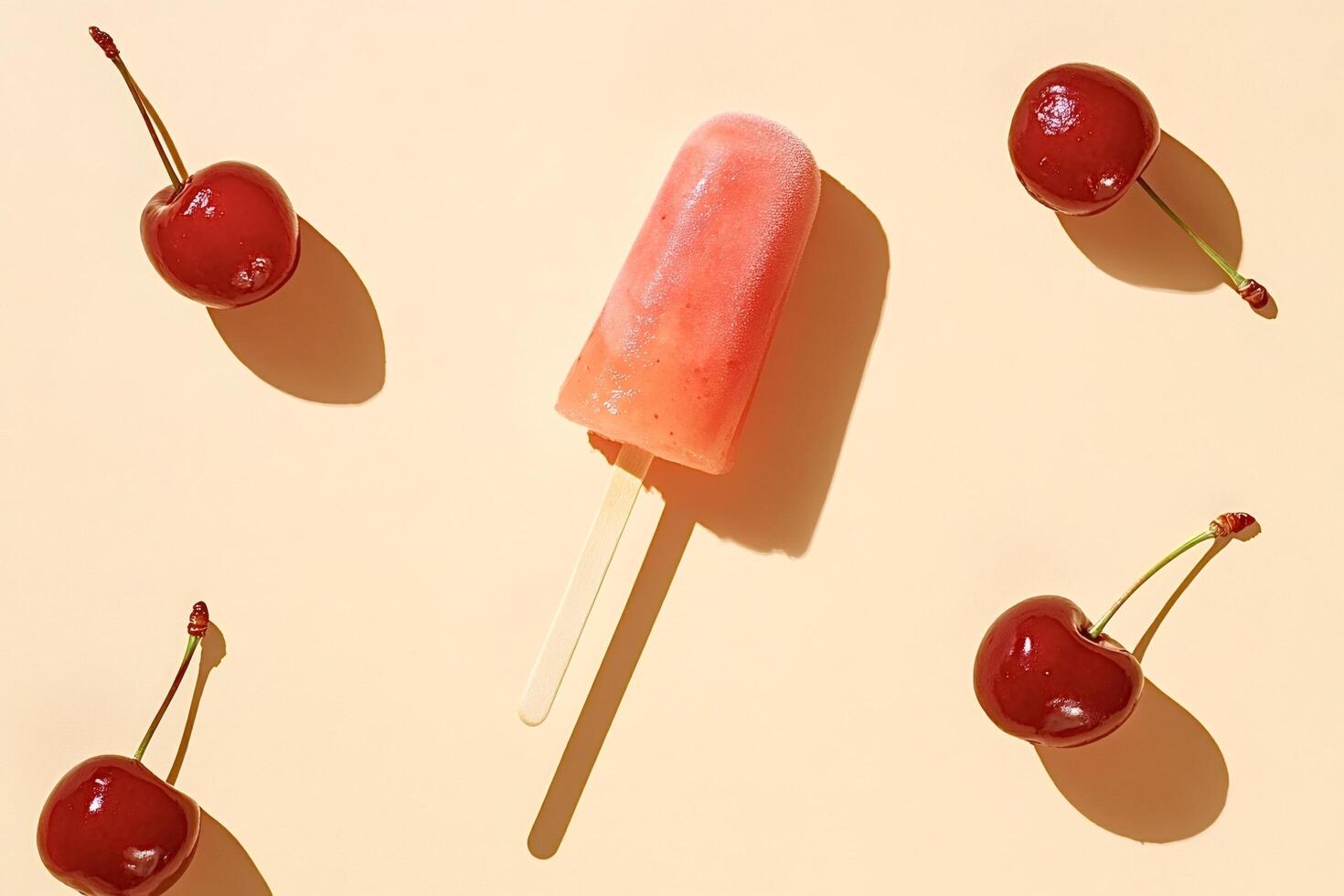 Delicious pink popsicle refreshing and cooling with cherries on yellow background photo