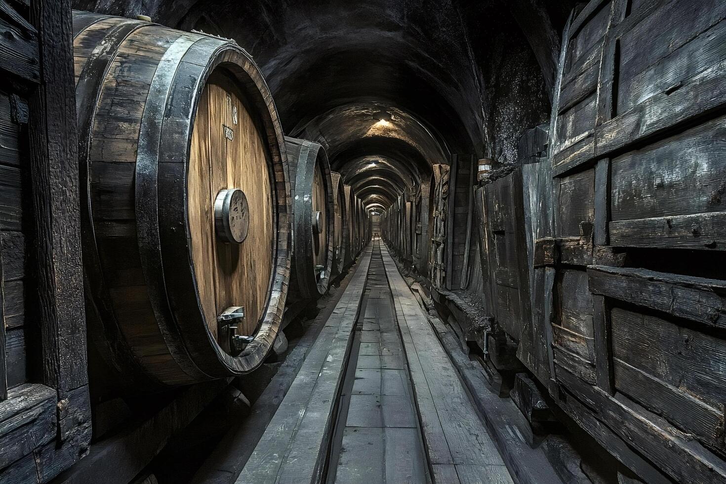 Wine cellar with wooden barrels aging in underground tunnel photo