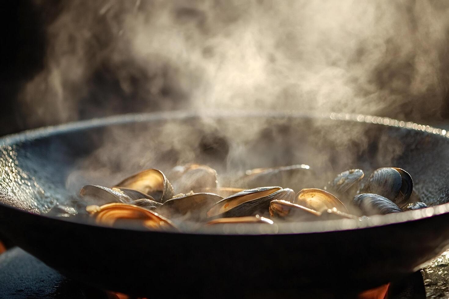 Steaming mussels cooking in wok with intense heat and flavor photo