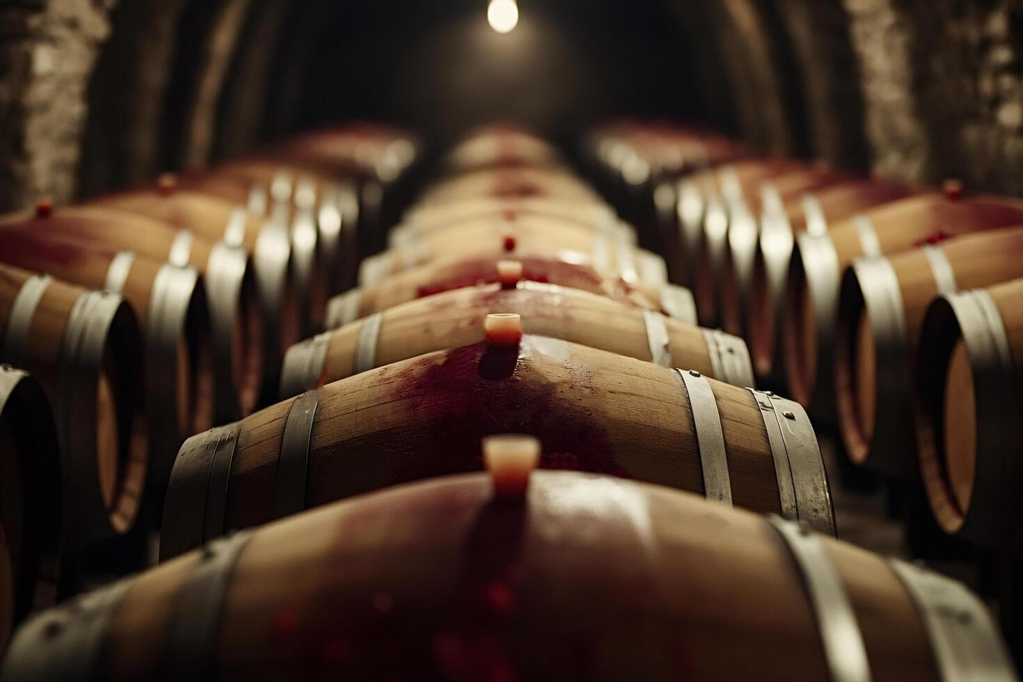 Wine barrels aging in cellar with stained wood and metal bands photo