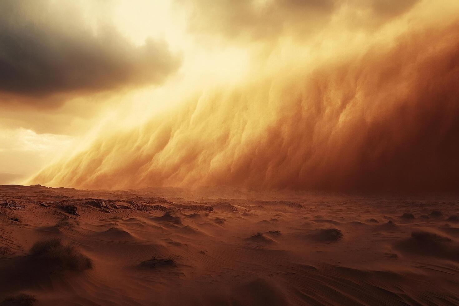 Massive sandstorm sweeping across desert landscape at sunset photo