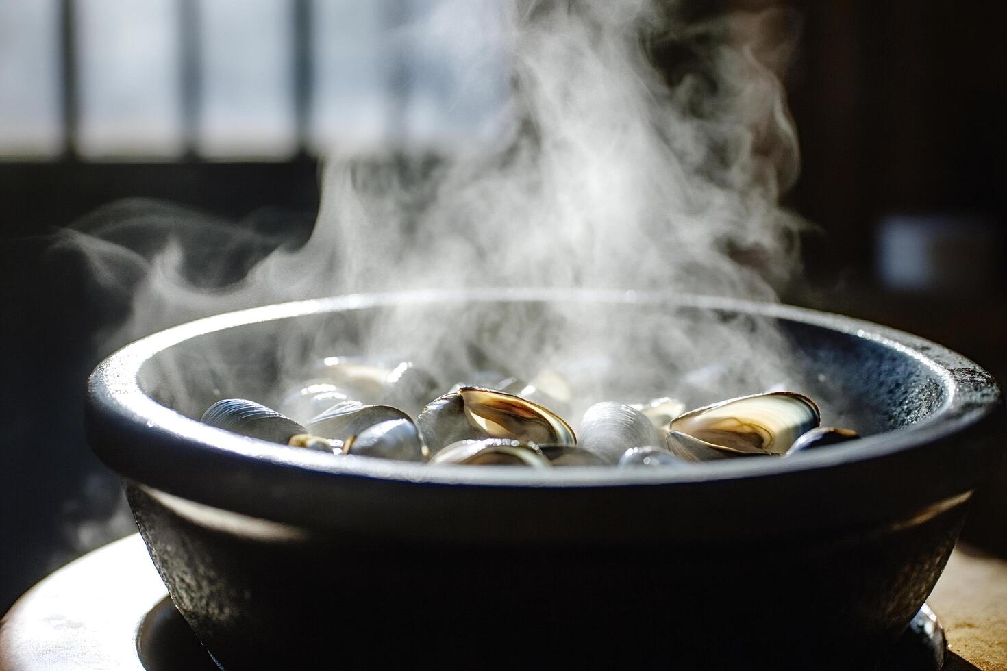 Steaming clams releasing delicious aroma in black bowl photo