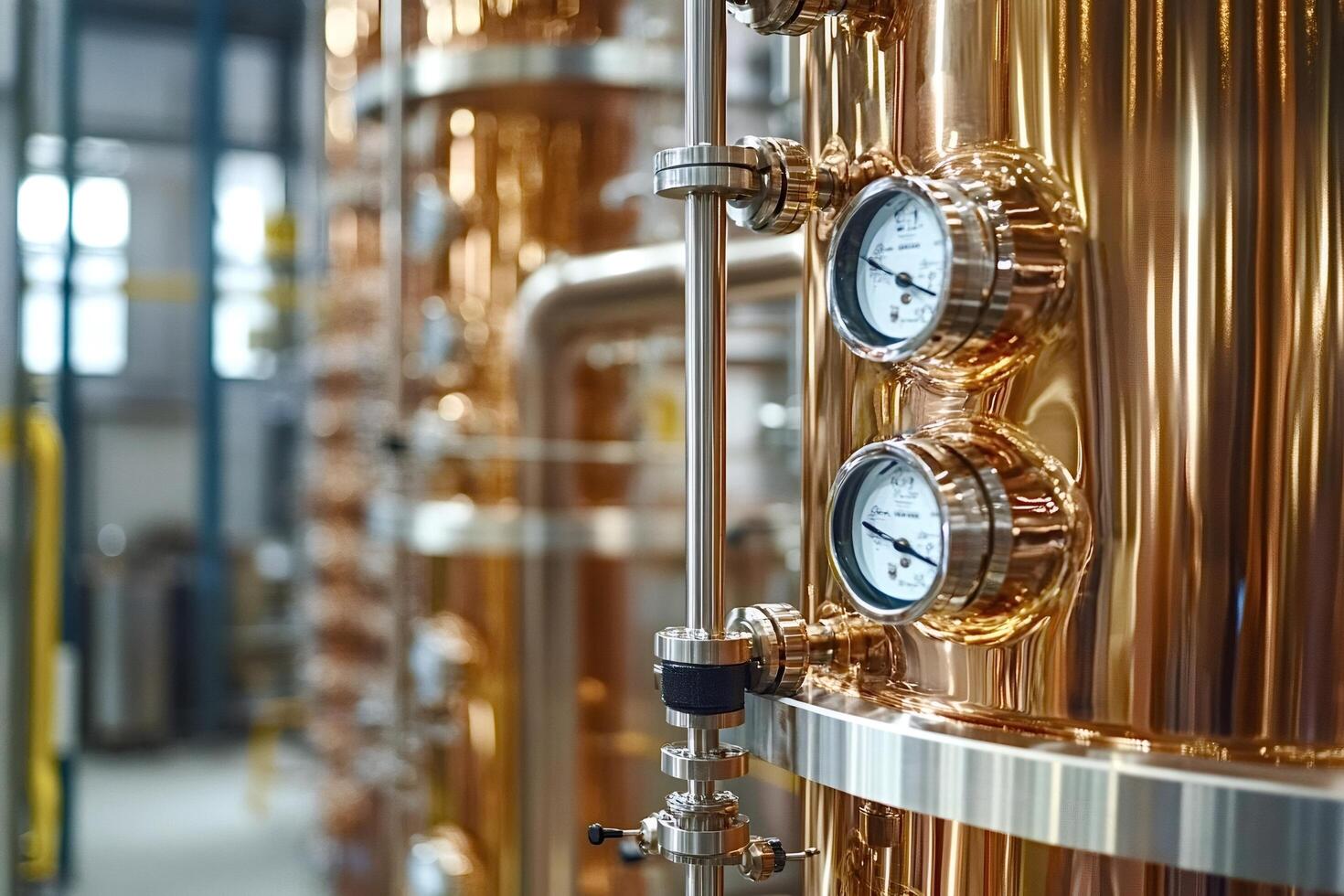 Copper stills pressure gauges measuring alcohol production in distillery photo