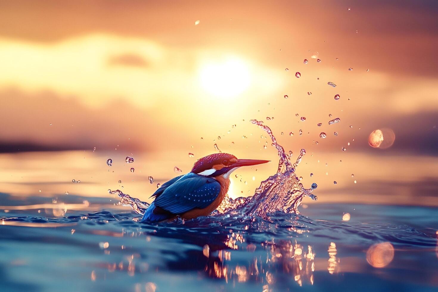 Kingfisher emerging from water at sunset creating splash photo