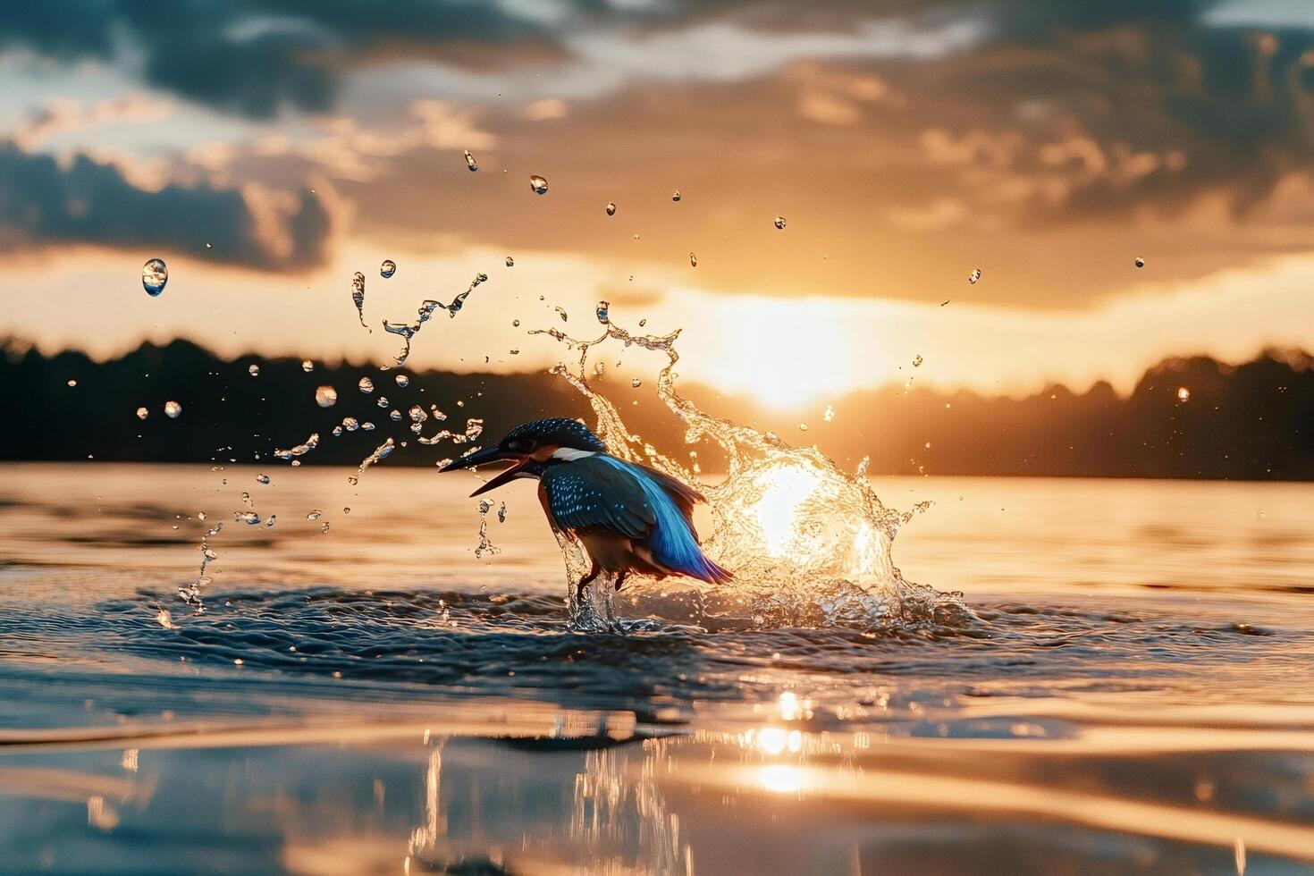 Kingfisher bird diving and splashing in golden sunset lake photo