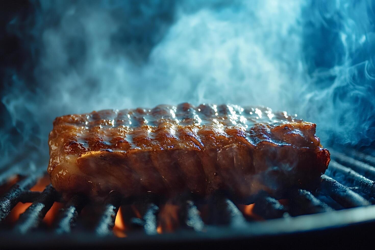 Juicy grilled steak sizzling on barbecue grill with smoke photo