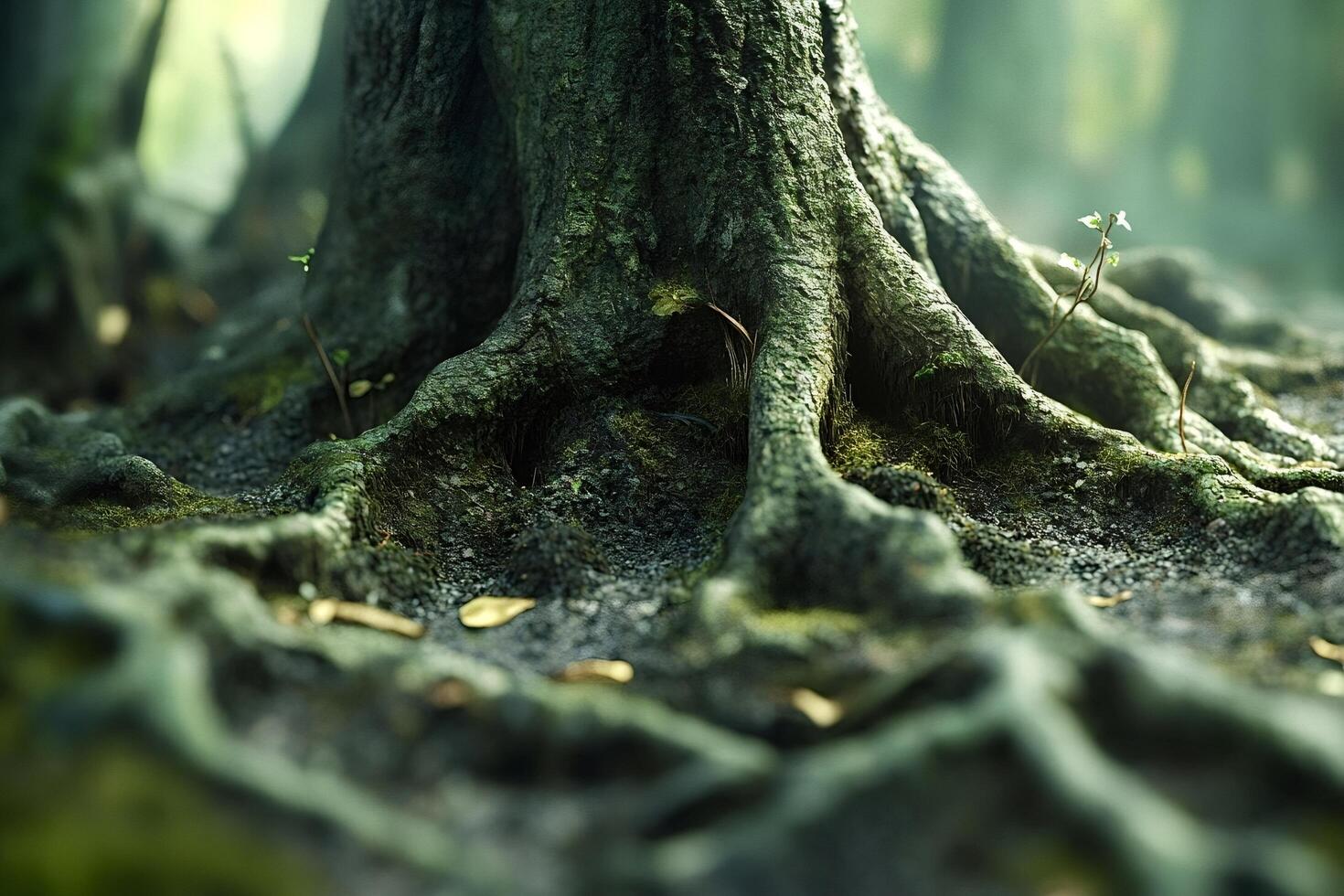 Large tree roots emerging from ground in forest photo