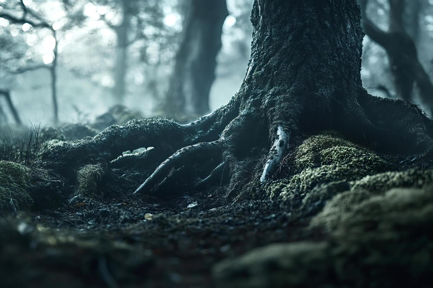 Large roots of an old tree emerging from the ground in a dark forest photo