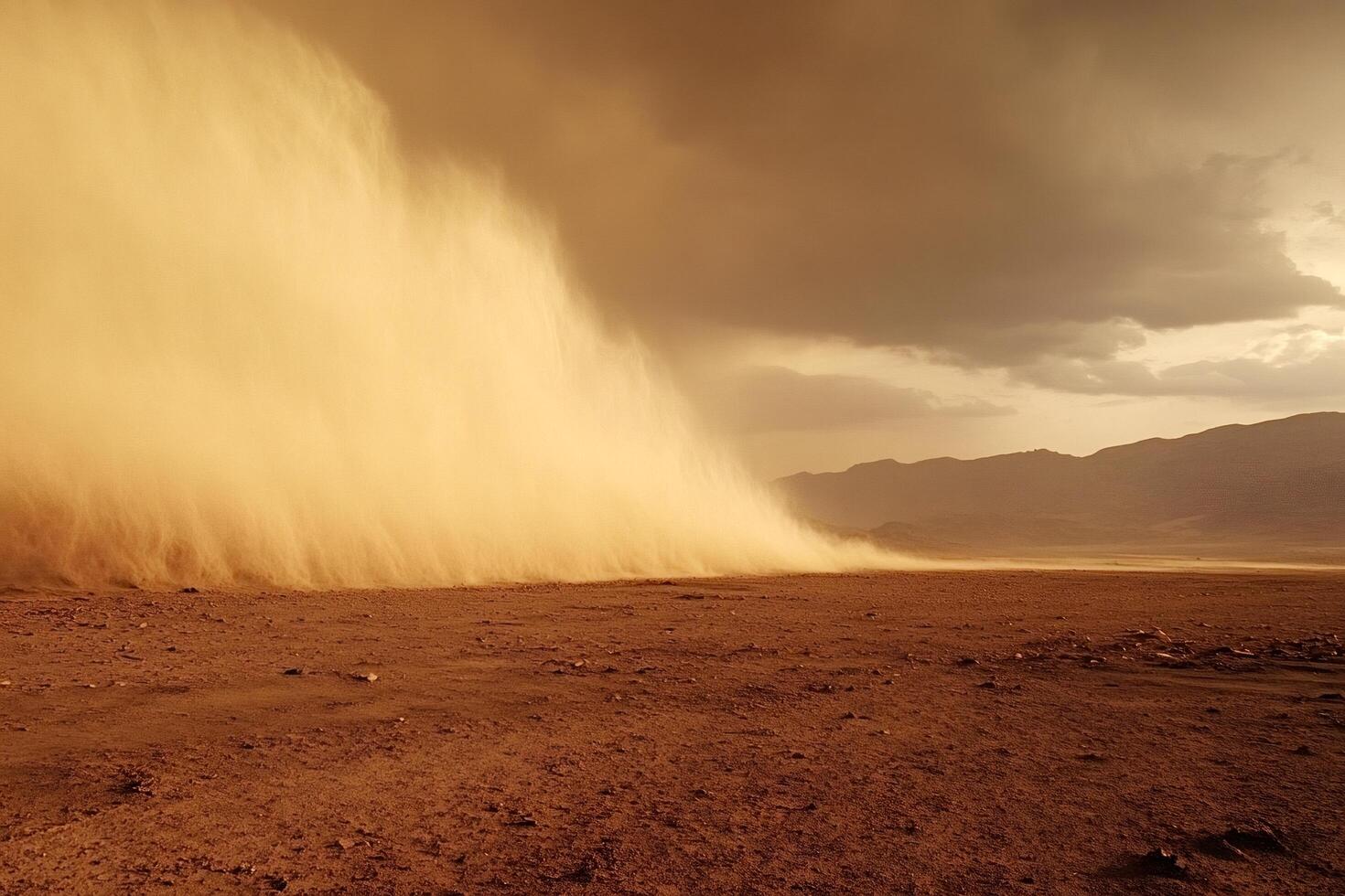 Massive sandstorm sweeping across desert landscape under dramatic photo
