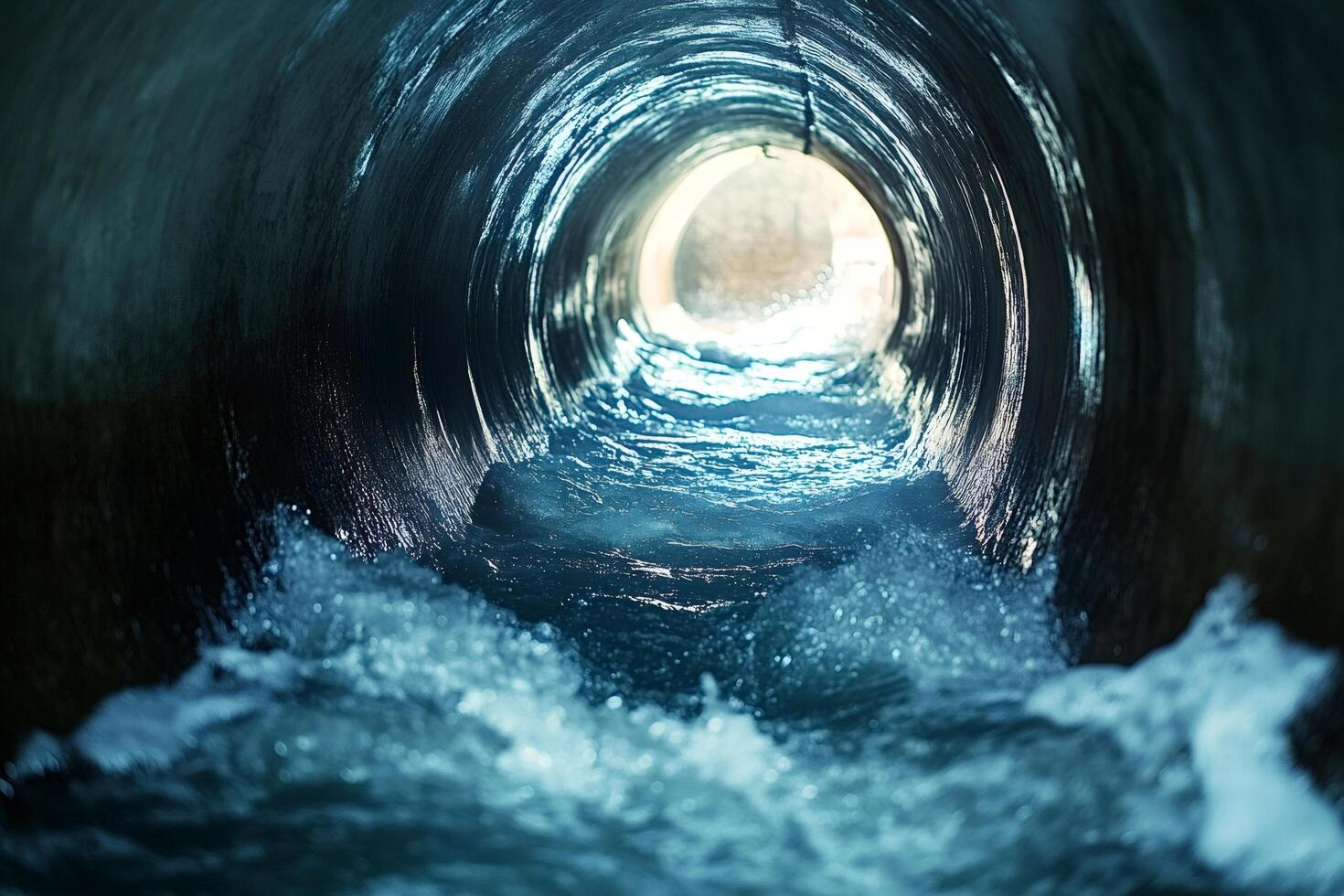 Water flowing inside a large drainage pipe photo