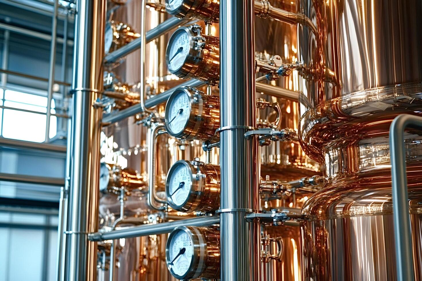 Copper pipes and pressure gauges measuring industrial process in modern factory photo