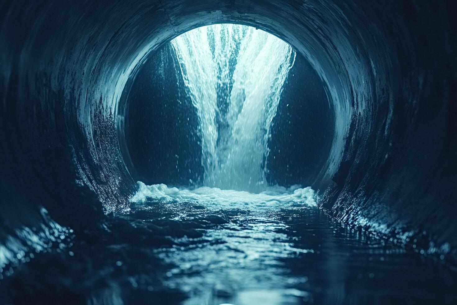 Water cascading into dark round tunnel creating a stream and foam photo