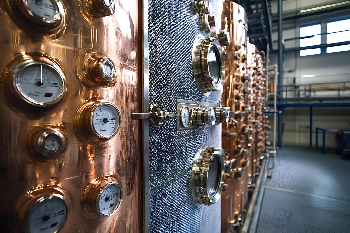 Copper distillation equipment showing pressure gauges and valves in distillery photo