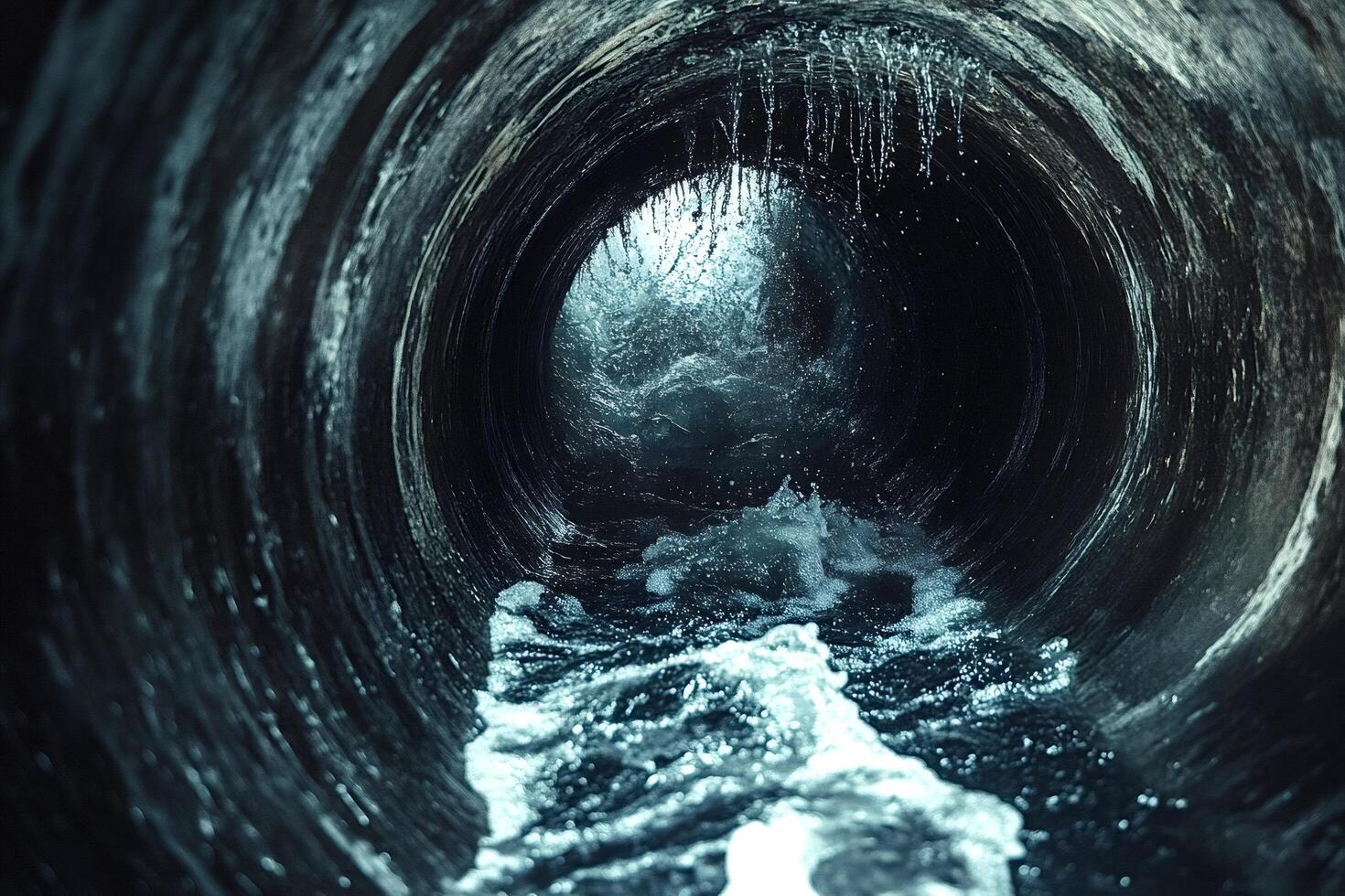 Water rushing through dark industrial pipe tunnel photo