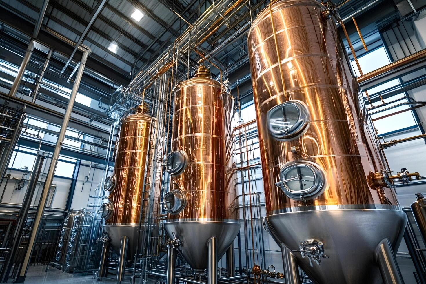 Copper stills shining in modern distillery reflecting light photo