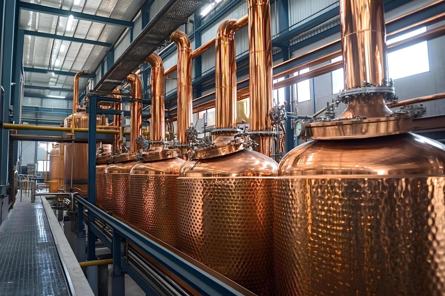 Copper stills shining in distillery processing plant photo