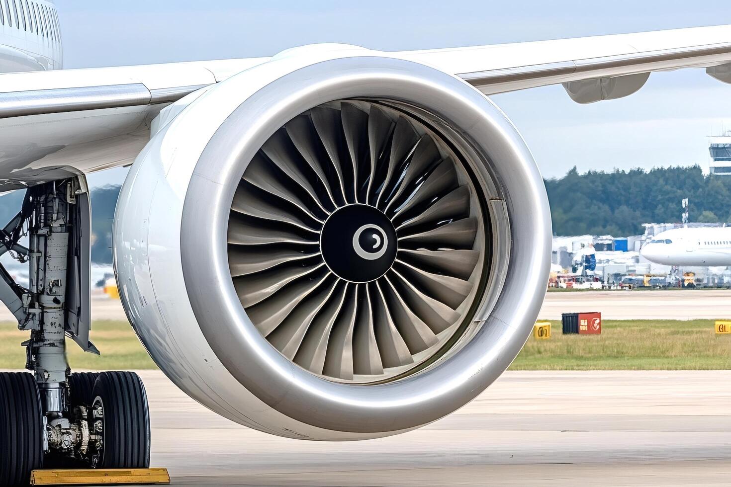 Huge turbofan engine of modern passenger airplane on the tarmac photo